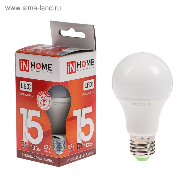 Лампа светодиодная IN HOME LED-A60-VC, Е27, 15 Вт, 230 В, 6500 К, 1430 Лм