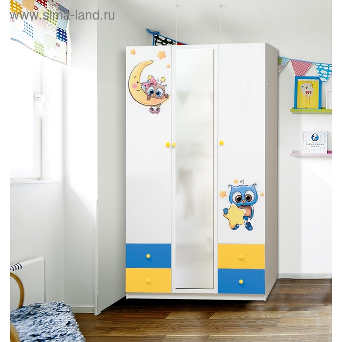 Шкаф с зеркалом и фотопечатью «Совята 3.2», 1200 × 490 × 2100 мм, цвет белый/синий/жёлтый