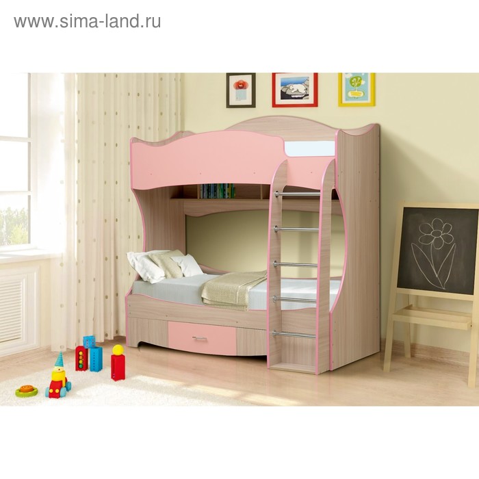 фото Кровать детская «юниор-7», 1942 × 1016 × 1935 мм, цвет ясень шимо светлый/светло-розовый матрица