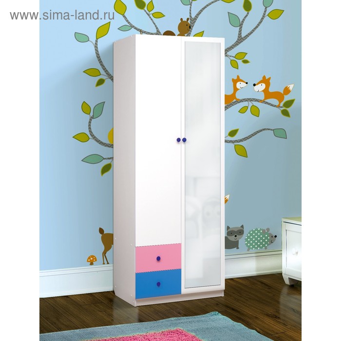 Шкаф 2-х дверный с зеркалом «Радуга», 800×490×2100 мм, цвет белый / розовый / синий