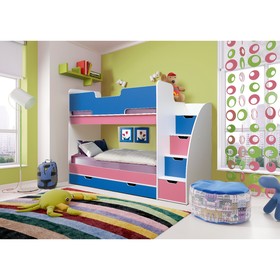 Кровать детская двухъярусная «Юниор-9», 2430×850×1750 мм, белый / синий / розовый