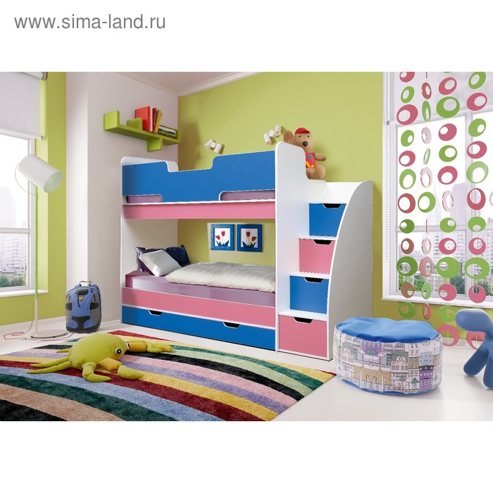 фото Кровать детская двухъярусная «юниор-9», 2430 × 850 × 1750 мм, белый / синий / ярко-розовый матрица