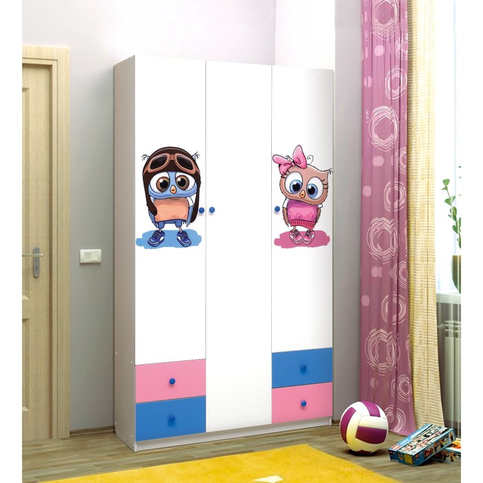 Шкаф с фотопечатью «Совята 3.1», 1200×490×2100 мм, цвет белый / синий / розовый
