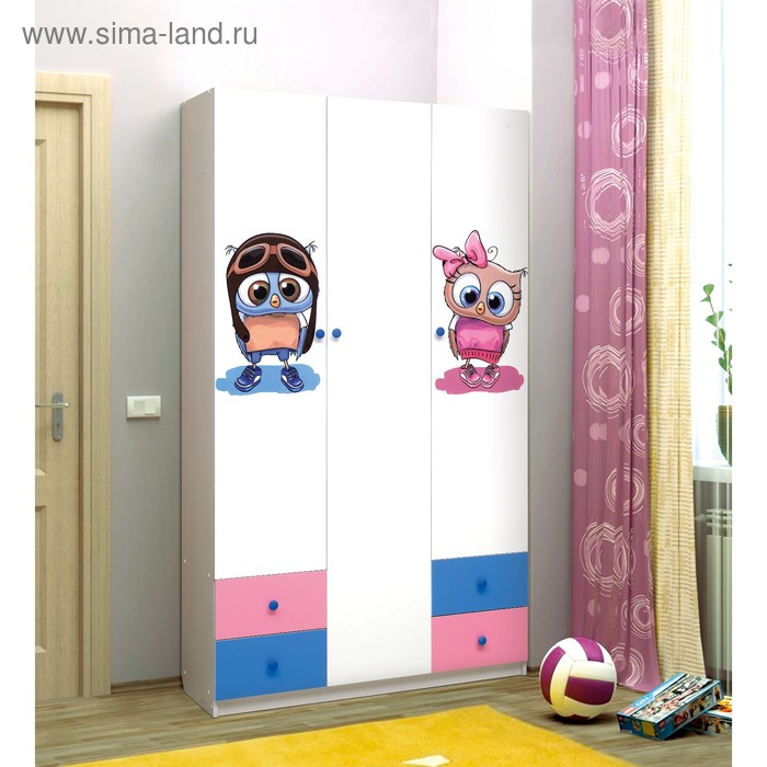 Шкаф с фотопечатью «Совята 3.1», 1200×490×2100 мм, цвет белый / синий / розовый
