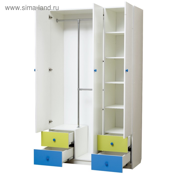 Шкаф 3-х дверный «Радуга», с ящиками и зеркалом, 1200х490х2100 мм, белый/лайм/синий
