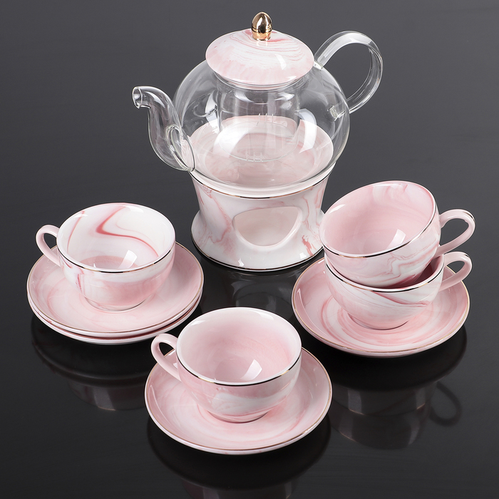 Набор керамический чайный «Марбер», 10 предметов: чайник на подставке с ситом 650 мл, 4 чашки 120 мл, 4 блюдца 12 см