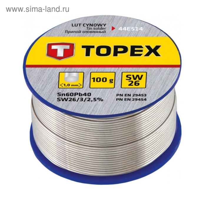 Припой оловянный TOPEX 44E514, 60% олово, 40% свинец, проволока 1.0 мм, 100 г