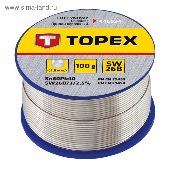 Припой оловянный TOPEX 44E524, 60% олово, 40% свинец, проволока 1.5 мм, 100 г