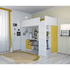 Кроватка-чердак Polini kids Simple с письменным столом и шкафом, цвет белый-солнечный Ош