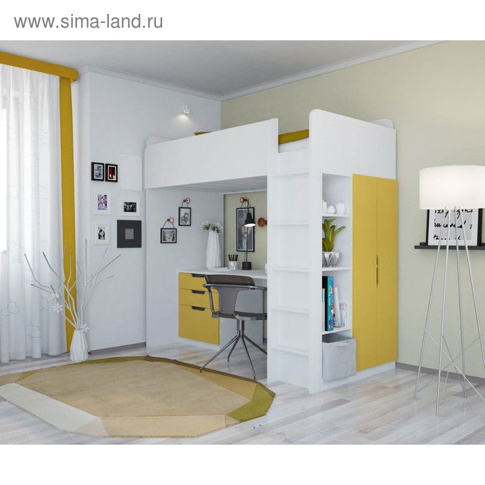 Кровать-чердак Polini kids Simple, с письменным столом и шкафом, цвет белый-солнечный