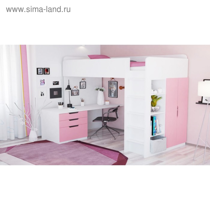 Кровать-чердак Polini kids Simple, с письменным столом и шкафом, цвет белый-роза