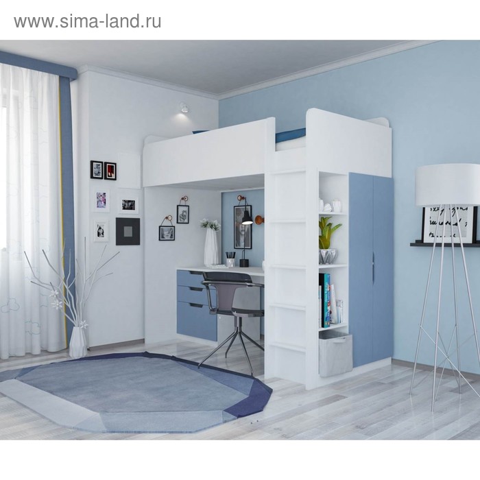 Кровать-чердак Polini kids Simple, с письменным столом и шкафом, цвет белый-синий