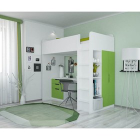 Кроватка-чердак Polini kids Simple с письменным столом и шкафом, цвет белый-лайм Ош