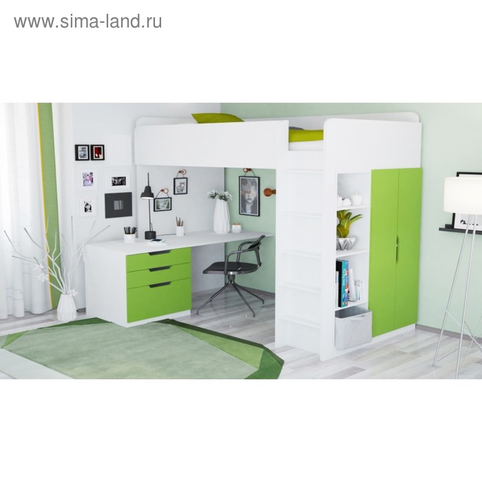 

Кровать-чердак Polini kids Simple, с письменным столом и шкафом, цвет белый-лайм