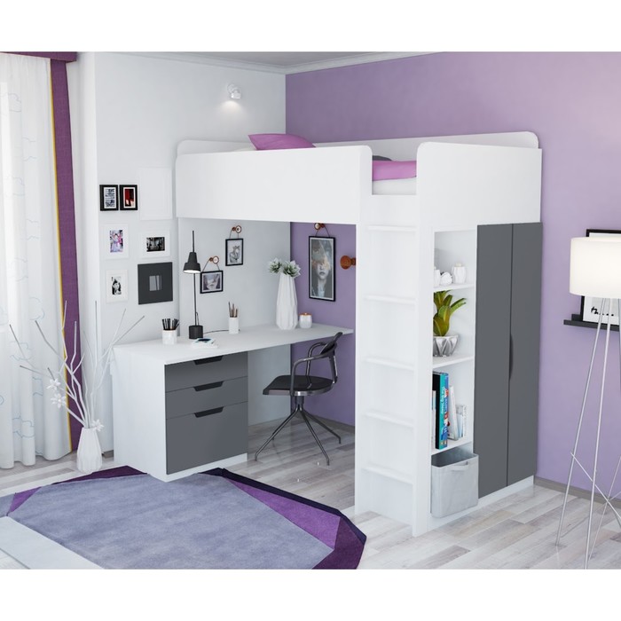 Кровать-чердак Polini kids Simple, с письменным столом и шкафом, цвет белый-серый