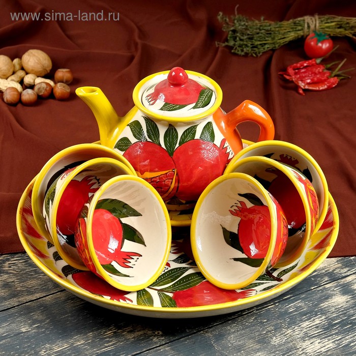 фото Набор чайный 9 предметов риштанская керамика (чайник 1 л, пиалы 0,5/0,3 л)