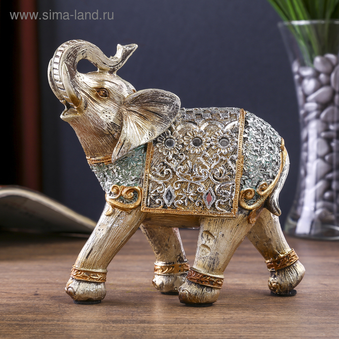 Сувенир полистоун Серебристый слон в ажурной бирюзовой попоне с цветами 15,4х6,7х14,5 см