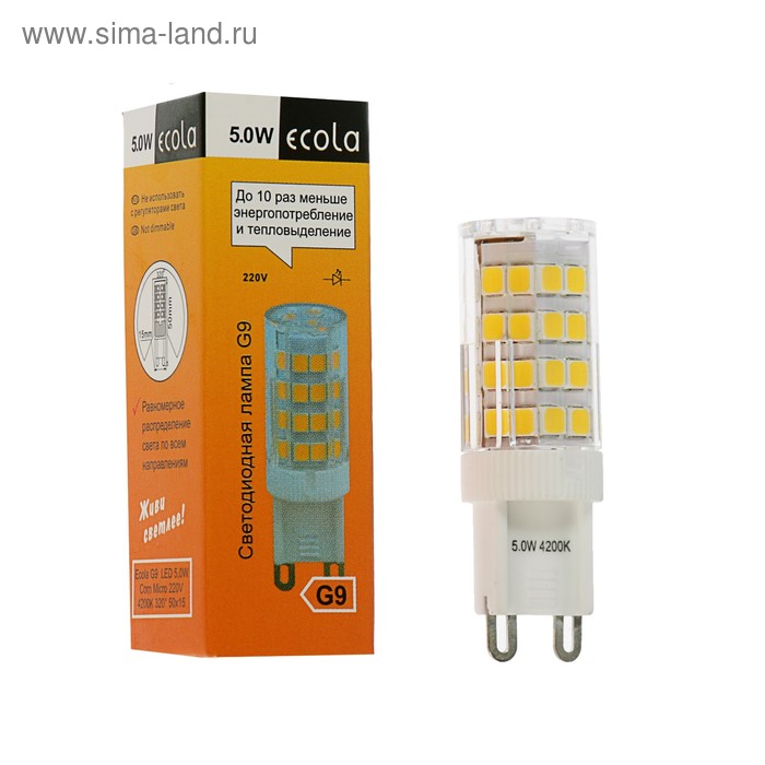 фото Лампа светодиодная ecola led corn micro, 5 вт, g9, 4200 k, 320°, 50x15 мм, дневной белый