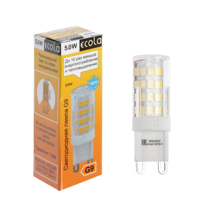 Лампа светодиодная Ecola LED Corn Micro, 5 Вт, G9, 4200 K, 320°, 50x15 мм, дневной белый