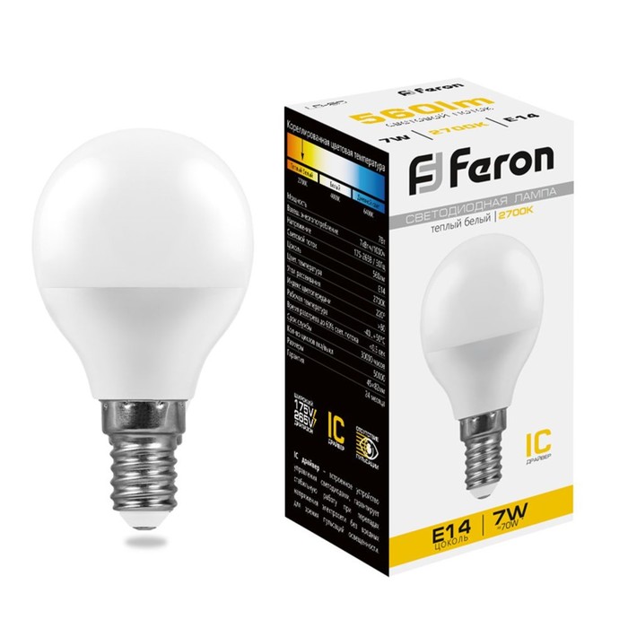 

Лампа светодиодная FERON, G45, 7 Вт, Е14, 2700 К, теплый белый