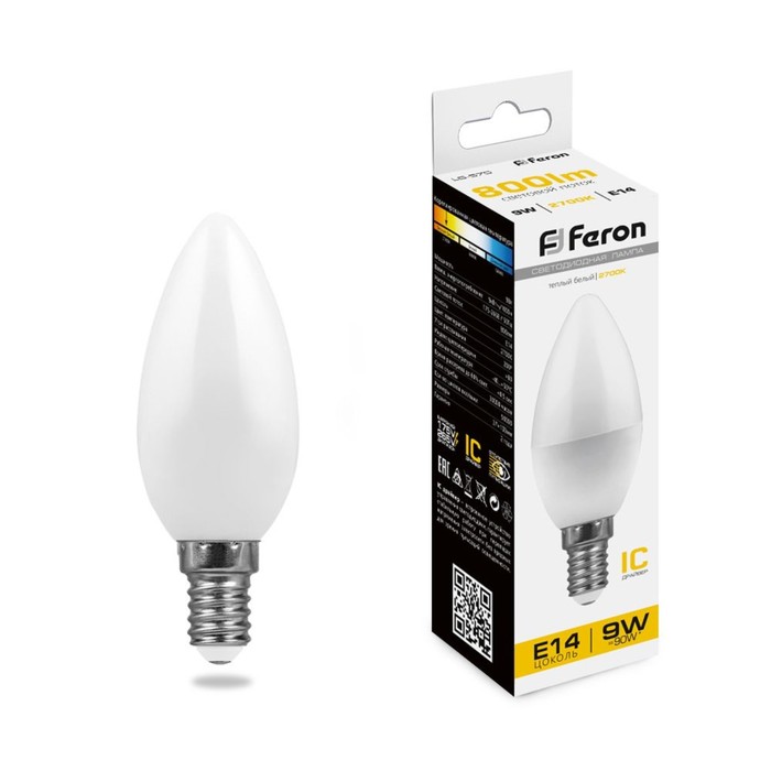 

Лампа светодиодная FERON, С37, 9 Вт, Е14, 2700 К, теплый белый