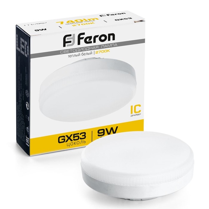 

Лампа светодиодная FERON, 9 Вт, GX53, 2700 К, теплый белый