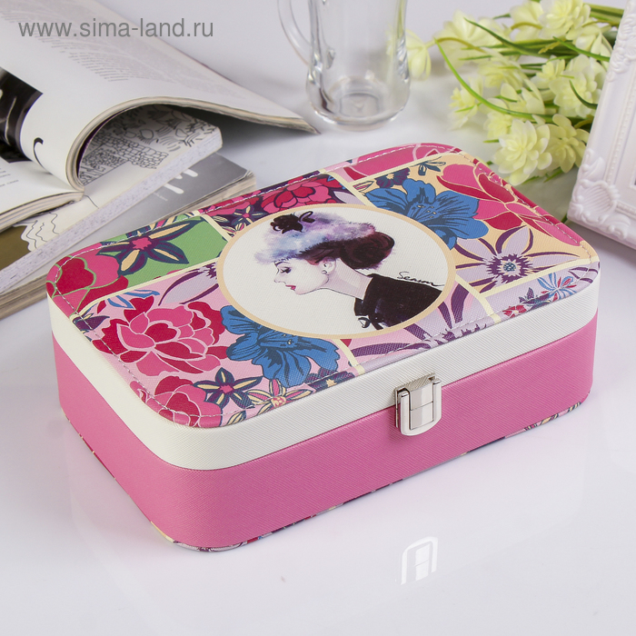 Шкатулки из кожи  Сима-Ленд Шкатулка кожзам под часы 1 отделение и бижутерию Девушка в шляпке 7х22х14,5 см