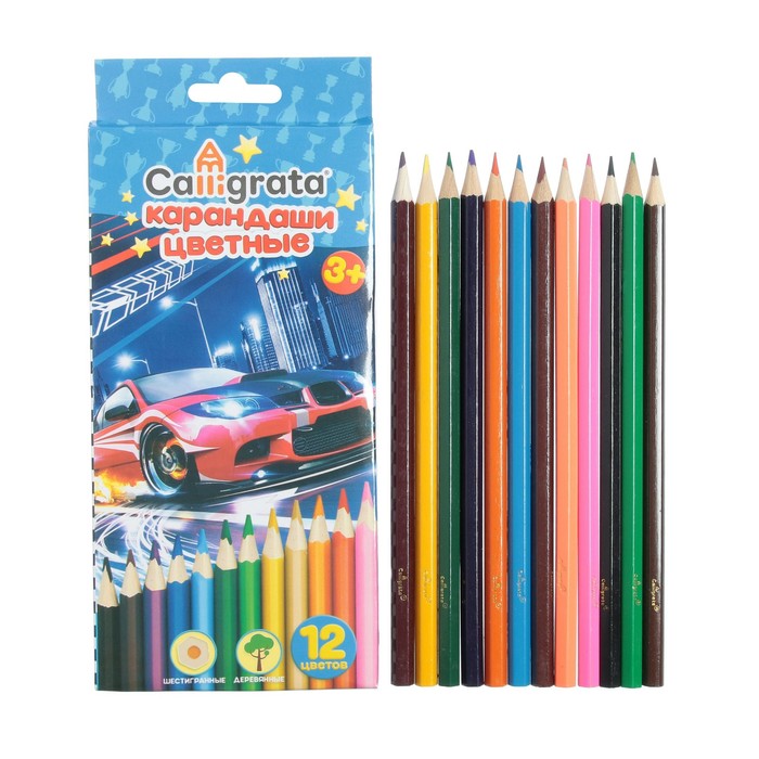 карандаши цветные 12 цветов машинка корпус деревянный шестигранный Карандаши цветные 12 цветов, Машинка, корпус деревянный, шестигранный