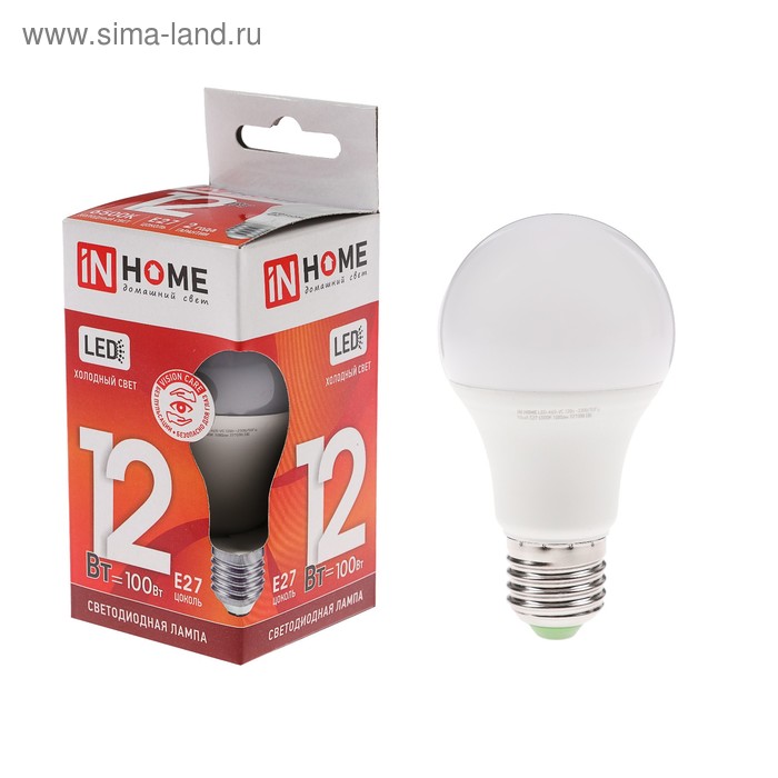 фото Лампа светодиодная in home led-a60-vc, е27, 12 вт, 230 в, 6500 к, 1080 лм inhome