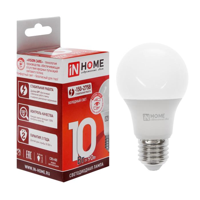 Лампа светодиодная IN HOME LED-A60-VC, Е27, 10 Вт, 230 В, 6500 К, 950 Лм лампа светодиодная in home led свеча vc 11 вт 230 в е27 3000 к 1050 лм