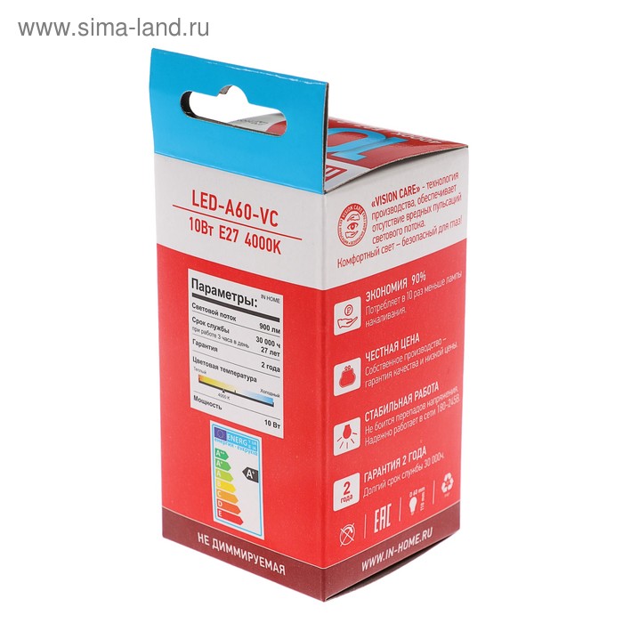 фото Лампа светодиодная in home led-a60-vc, е27, 10 вт, 230 в, 4000 к, 950 лм inhome