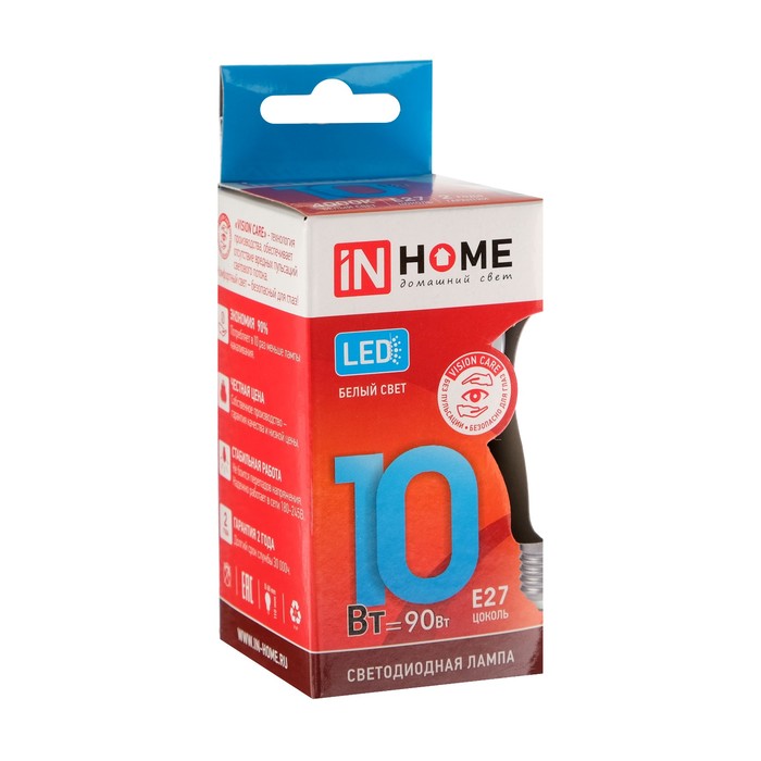 Лампа светодиодная IN HOME LED-A60-VC, Е27, 10 Вт, 230 В, 4000 К, 900 Лм