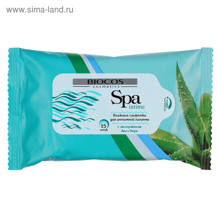 Салфетки влажные для интимной гигиены BioCos Spa Intime, с экстрактом Алоэ Вера, 15 шт.