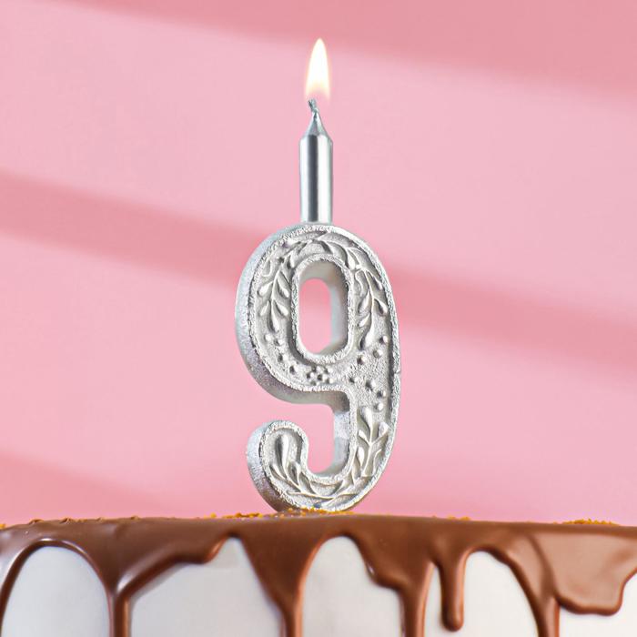 фото Свеча для торта цифра "серебряный узор", 10,2 см, цифра "9" омский свечной завод