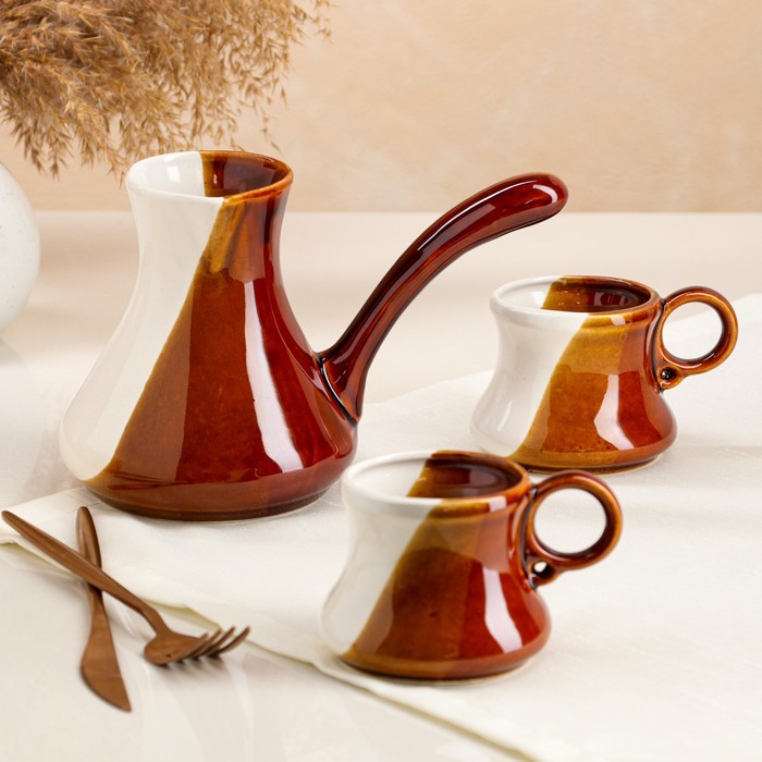 фото Кофейный набор "три шоколада", турка и 2 чашки, 0.65/0.2 л керамика ручной работы