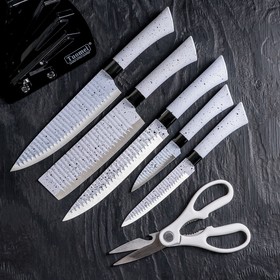 

Набор кухонный на подставке, 6 предметов: 5 ножей, лезвие 9 см, 13 см, 16,5 см, 19,5 см, 19,5 см, ножницы, цвет белый