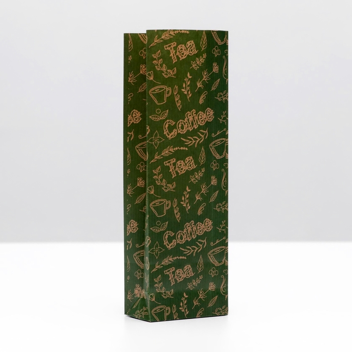 Пакет бумажный фасовочный Coffe and tea, крафт, зелёный, 7 х 4 х 21 см