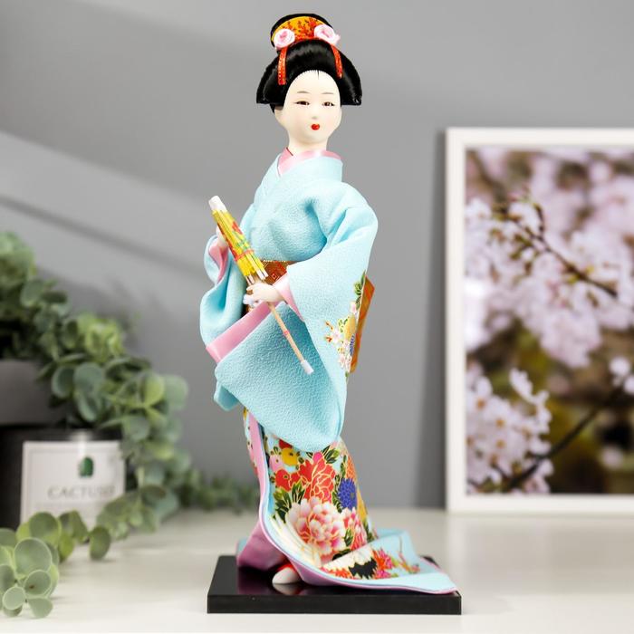 Кукла коллекционная "Японка в голубом кимоно с зонтом" 30х12,5х12,5 см