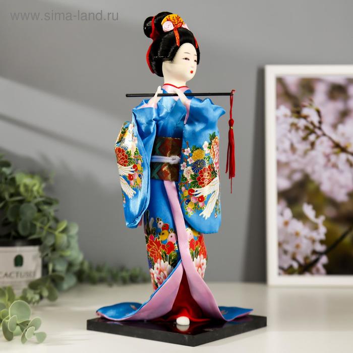 фото Кукла коллекционная "японка в шелковом голубом кимоно с флейтой" 30х12,5х12,5 см