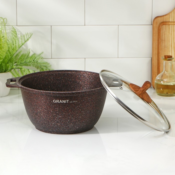 

Кастрюля Granit ultra, 3 л, стеклянная крышка, антипригарное покрытие, ручка МИКС