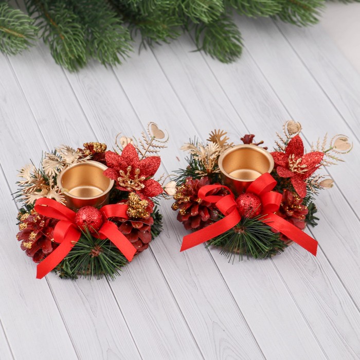 Подсвечники "Шишки и пуансетия" (набор 2 шт.)