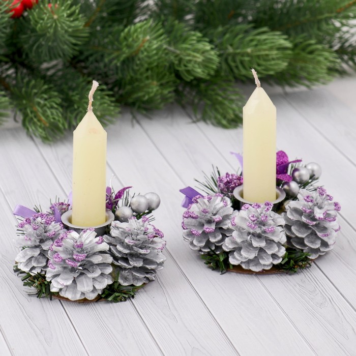 Подсвечники со свечами "Фиолетовые шишки" (набор 2 шт.)