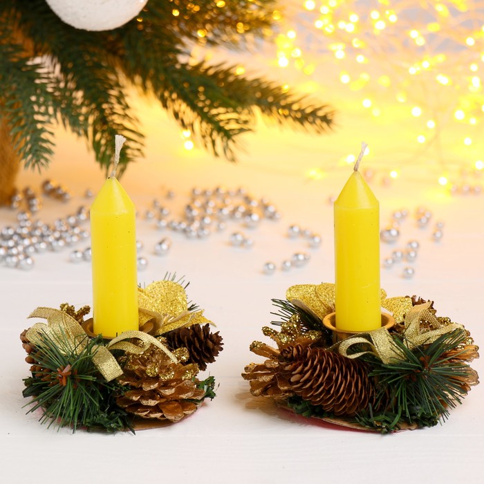 Подсвечники со свечами "Золотые бантики" (набор 2 шт.) микс