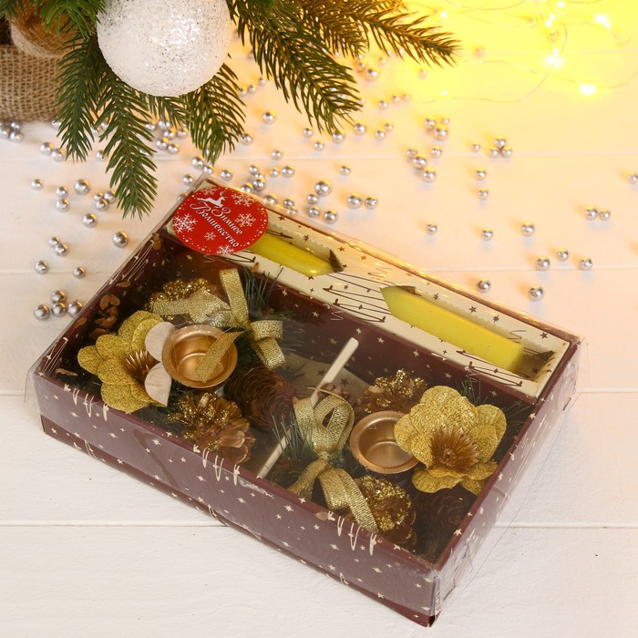 Подсвечники со свечами "Золотые бантики" (набор 2 шт.) микс