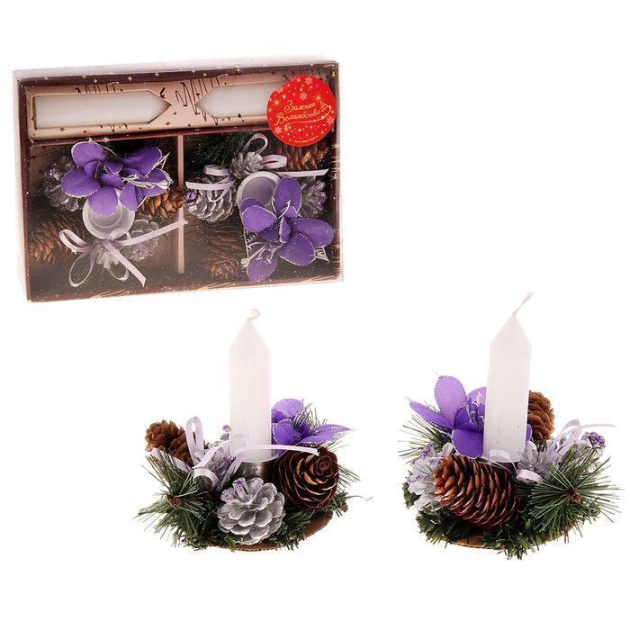 Подсвечники со свечами "Фиолетовые цветы" (набор 2 шт.) микс