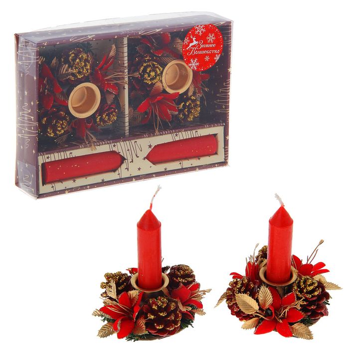 Подсвечники со свечами "Красные цветы" (набор 2 шт.)
