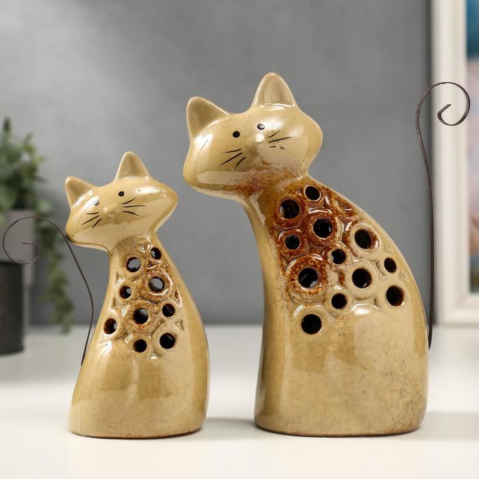Кошки Сувенир керамика Котики в кружочек свет  набор 2 шт 13х7,5х5,7, 19х11х7 см