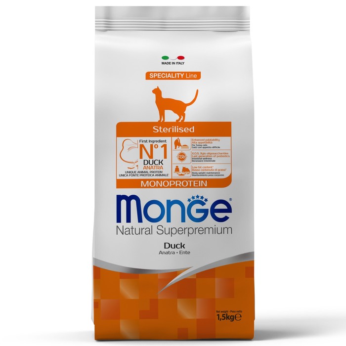

Сухой корм Monge Cat Monoprotein Sterilised Duck для стерилизованных кошек, утка, 1.5 кг