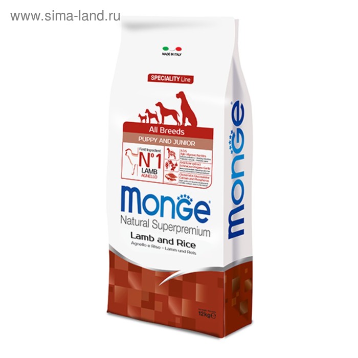 

Сухой корм Monge Dog Speciality Puppy Junior для щенков, ягненок/рис/ картофель, 12 кг