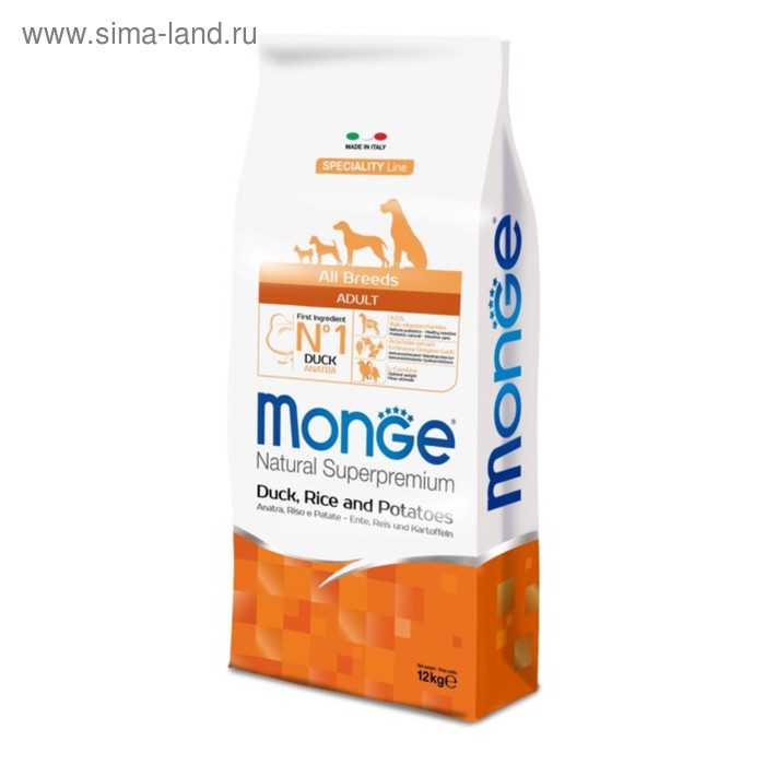 

Сухой корм Monge Dog Speciality для собак всех пород, утка/рис/картофель, 12 кг
